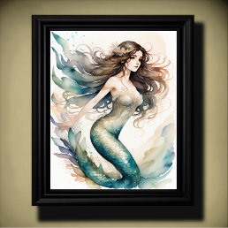 Watercolor Painting Brown Haired Mermaid Poster