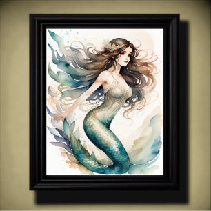 Watercolor Painting Brown Haired Mermaid Poster