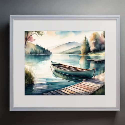 Watercolor Painting Canoe Lake Dock Mountain 54 Poster