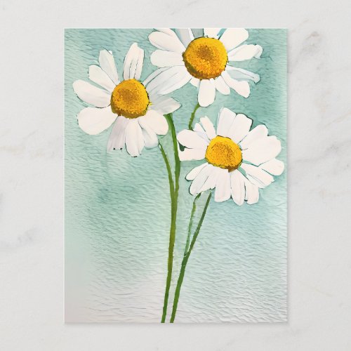 Watercolor painting chamomile flowers white bloom postcard