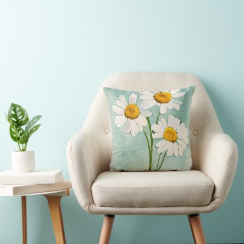 Watercolor painting chamomile flowers white bloom throw pillow
