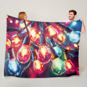 Watercolor Painting Christmas Holiday String Light Fleece Blanket