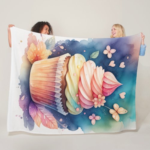 Watercolor Painting Cupcake Fleece Blanket