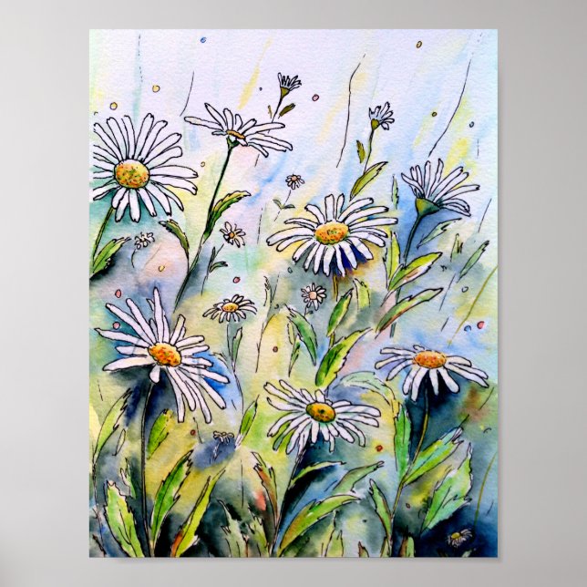 Watercolor Painting Daisies Poster (Front)