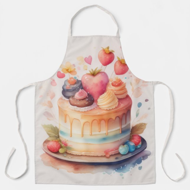 Watercolor Painting Decorated Cake Apron (Front)