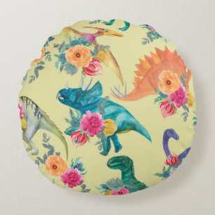 Watercolor painting dinosaurs pattern. Seamless ba Round Pillow