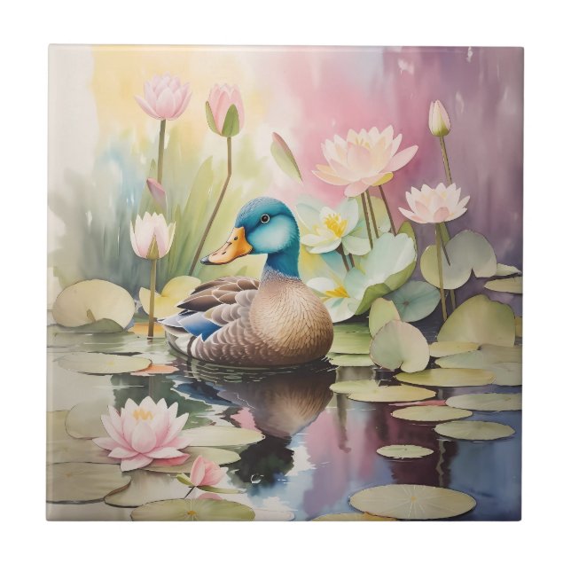 Watercolor Painting Duck On a Pond Ceramic Tile (Front)