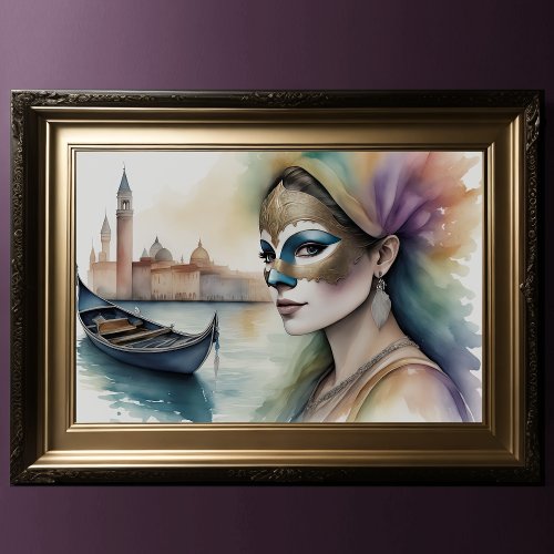 Watercolor Painting Female Wearing Venetian Mask Poster