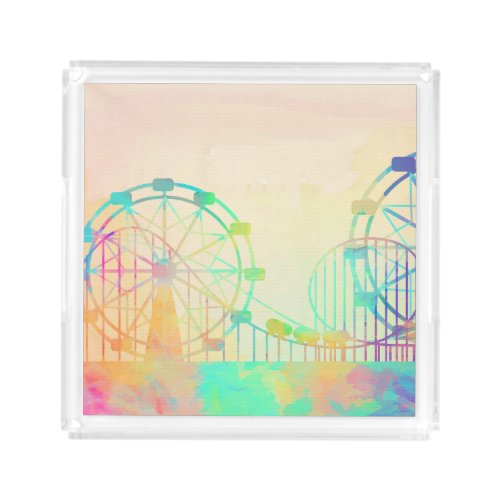 Watercolor Painting Ferris Wheel Fairground Art Acrylic Tray