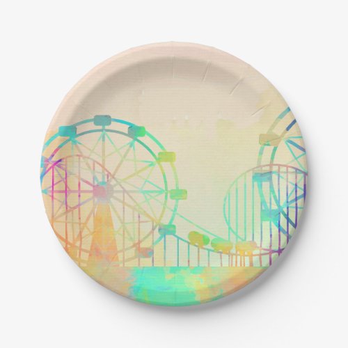 Watercolor Painting Ferris Wheel Fairground Art Paper Plates