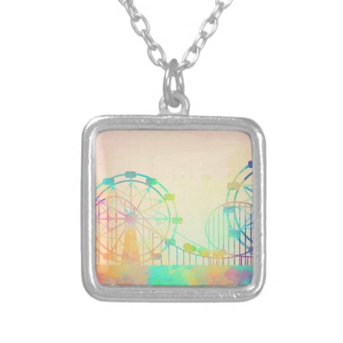 Watercolor Painting Ferris Wheel Fairground Art Silver Plated Necklace