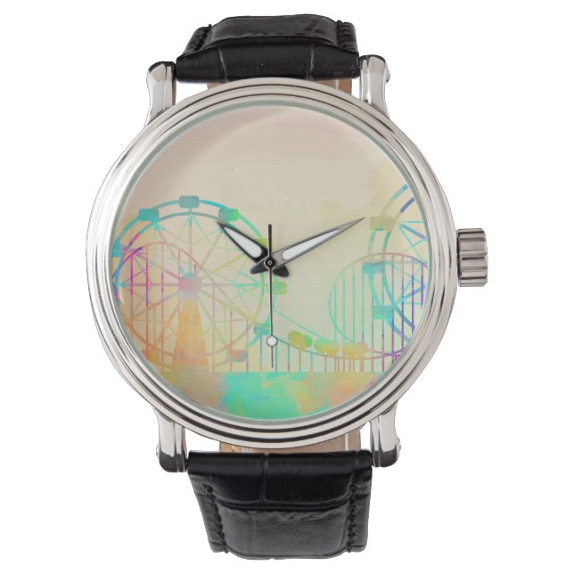 Watercolor Painting Ferris Wheel Fairground Art Watch (Front)