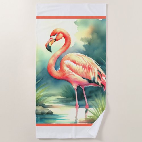 Watercolor Painting Flamingo Beach Towel