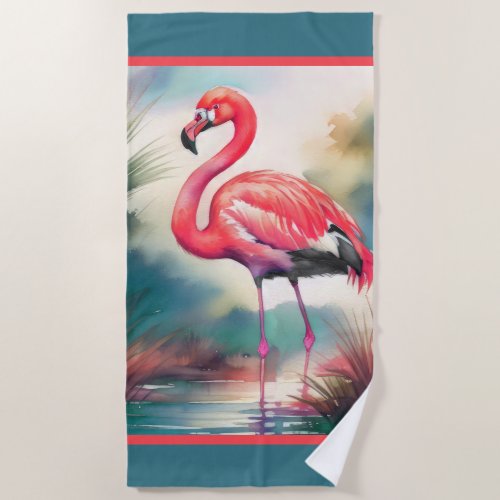 Watercolor Painting Flamingo Beach Towel