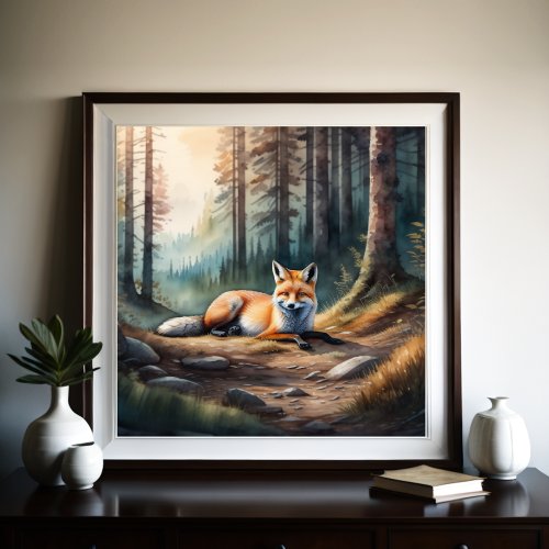 Watercolor Painting Fox Lying in Forest  11 Poster