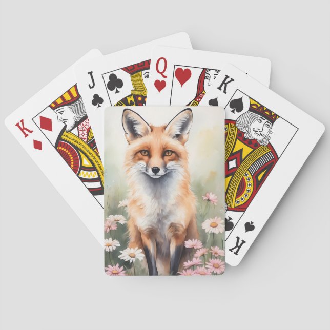 Watercolor Painting Fox With Daisy flowers Poker Cards (Back)