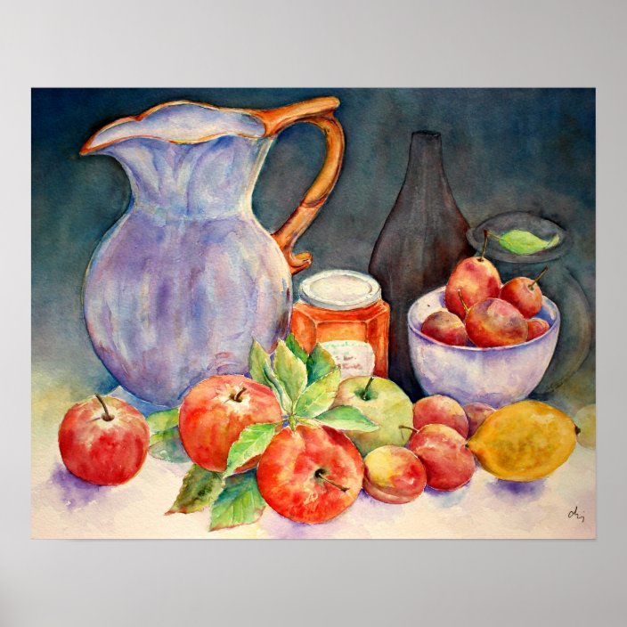 Watercolor Painting Fruit And Jug Still Life Poster Zazzle Watercolor Painting Fruit And Jug Still Life Poster Zazzle