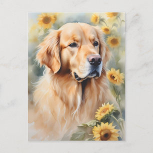 Watercolor Painting Golden Retriever and Sunflower Postcard