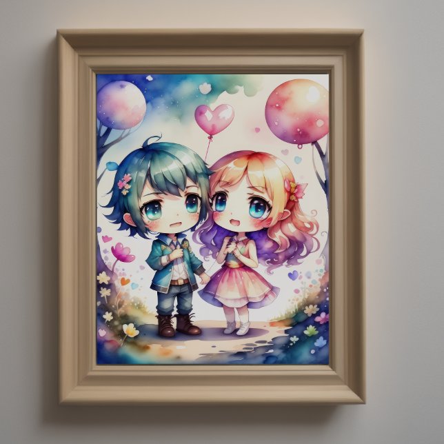 Watercolor Painting Kawaii Chibi Male Female IV Poster (Creator Uploaded)