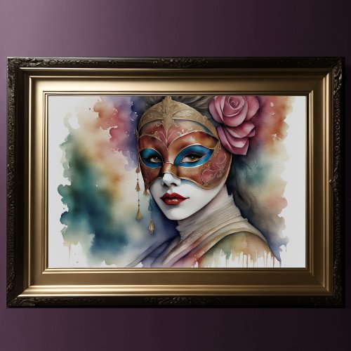 Watercolor Painting Lady Wearing Venetian Mask Poster