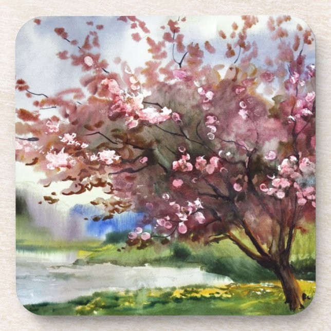 Watercolor Painting Landscape Beverage Coaster (Front)