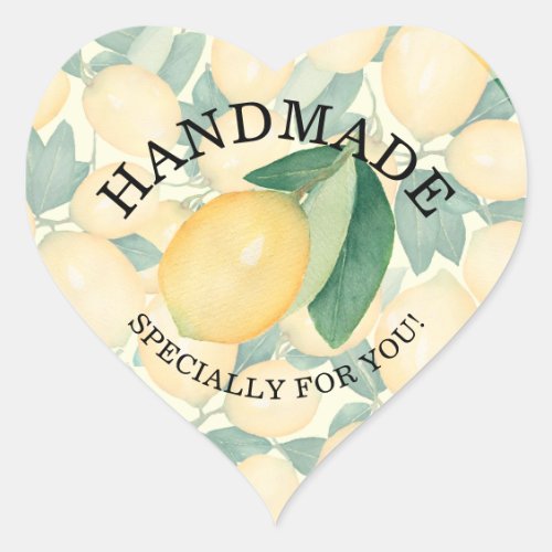 Watercolor Painting Lemons and Leaves HANDMADE Heart Sticker
