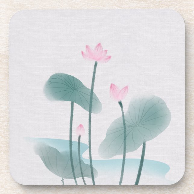 Watercolor Painting Lotus Floral Beverage Coaster (Front)