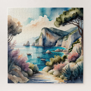 Watercolor Painting Mediterranean Coast Landscape Jigsaw Puzzle
