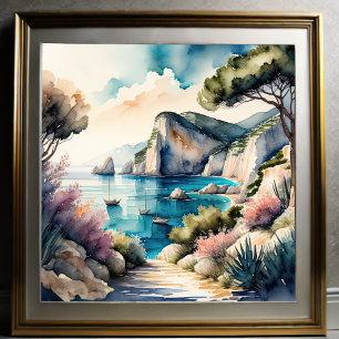 Watercolor Painting Mediterranean Coast Landscape Poster