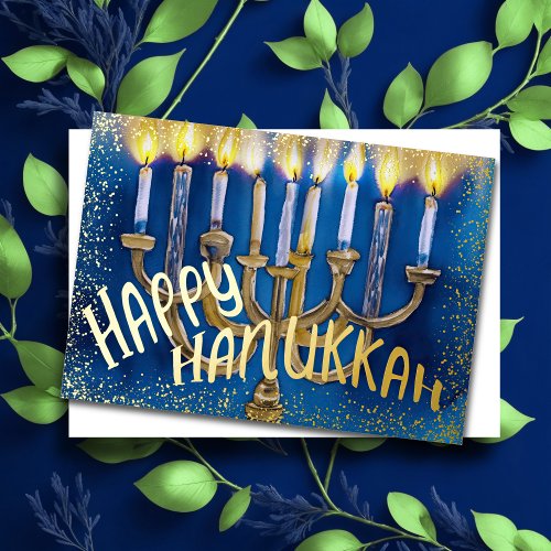 Watercolor Painting Menorah Happy Hanukkah Holiday Card