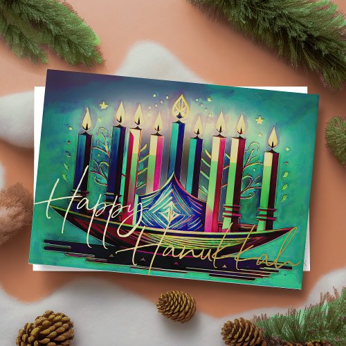 Watercolor Painting Menorah Happy Hanukkah Holiday Card