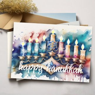 Watercolor Painting Menorah Happy Hanukkah Holiday Card