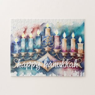 Watercolor Painting Menorah Happy Hanukkah Jigsaw Puzzle