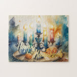 Watercolor Painting Menorah Happy Hanukkah Jigsaw Puzzle<br><div class="desc">Holiday themed items designed by Umua. Printed and shipped by Zazzle or their affiliates.</div>