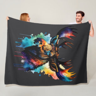 Watercolor Painting Multi Colored Moose Fleece Blanket