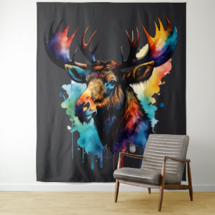 Watercolor Painting Multi Colored Moose Tapestry