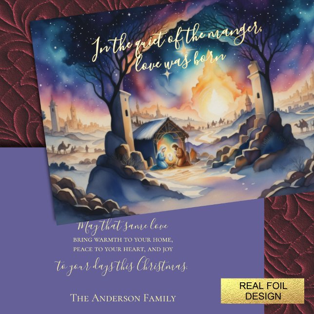 Watercolor Painting Nativity Scene Foil Holiday Card (Creator Uploaded)