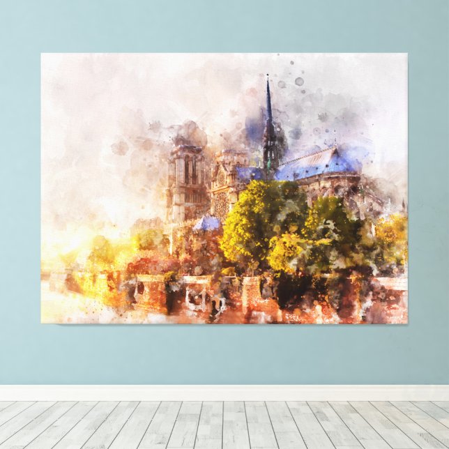 Watercolor Painting Notre Dame Cathedral Sunrise Canvas Print (Insitu(Wood Floor))