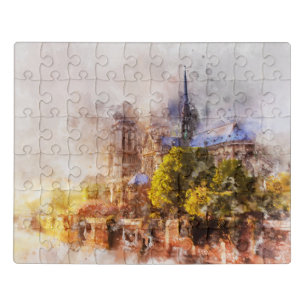 Watercolor Painting Notre Dame Cathedral Sunrise Jigsaw Puzzle