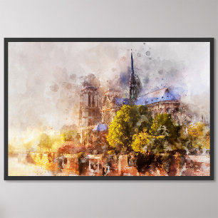 Watercolor Painting Notre Dame Cathedral Sunrise Photo Print