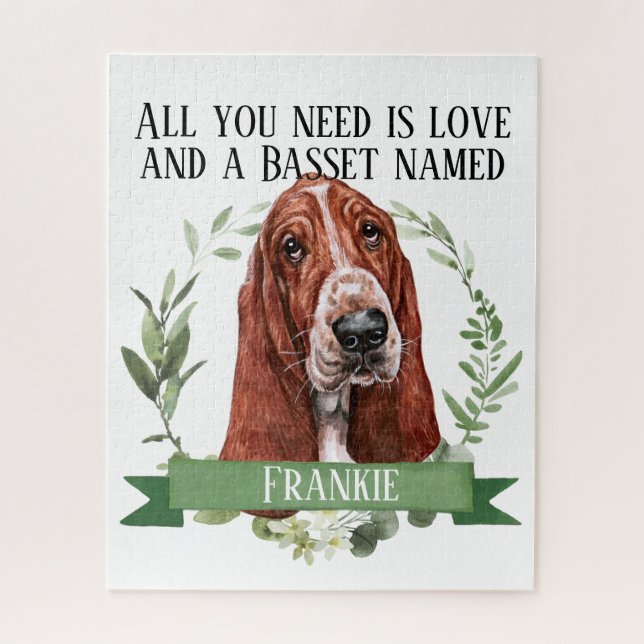 Watercolor Painting of a Basset Hound on a Puzzle (Vertical)