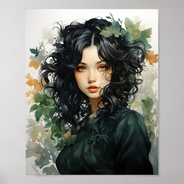 Watercolor Painting Of A Black Haired Girl Poster (Front)