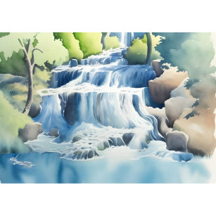 Watercolor Painting Of A Cascading Waterfall Poster
