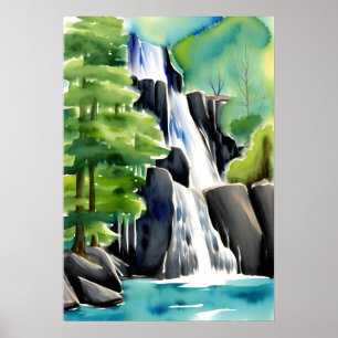 Watercolor Painting Of A Cascading Waterfall Poster