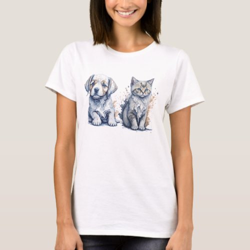 Watercolor Painting of a Cute Puppy and Kitten T_Shirt
