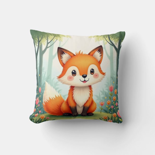 Watercolor Painting of a Cute, Small Fox  Throw Pillow (Front)