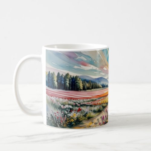 Watercolor painting of a field of flowers coffee mug