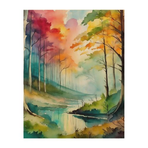 Watercolor painting of a forest and river wood wall art