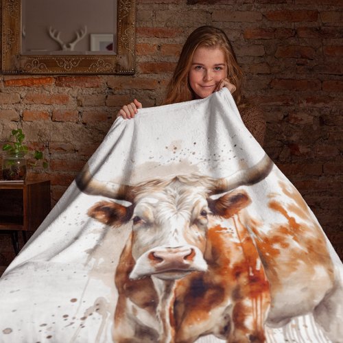 watercolor painting of a longhorn cow  fleece blanket