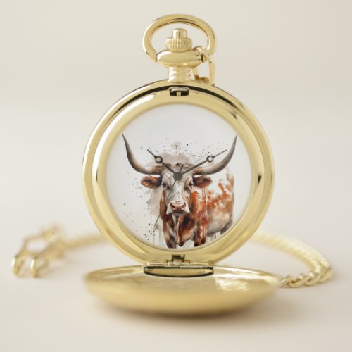watercolor painting of a longhorn cow  pocket watch